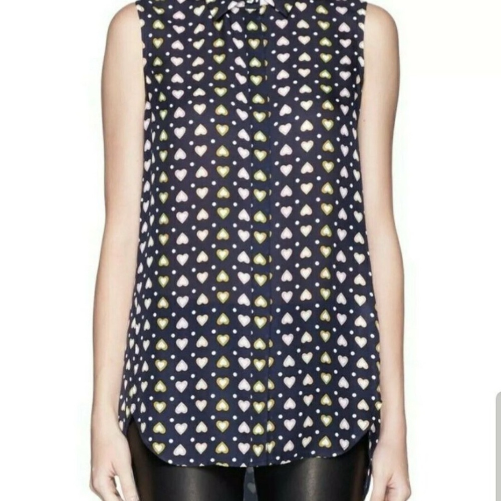 J. Crew Silk Navy Blue Heart Print Sleeveless Top Size 2 Button Down Blouse - Picture 2 of 13